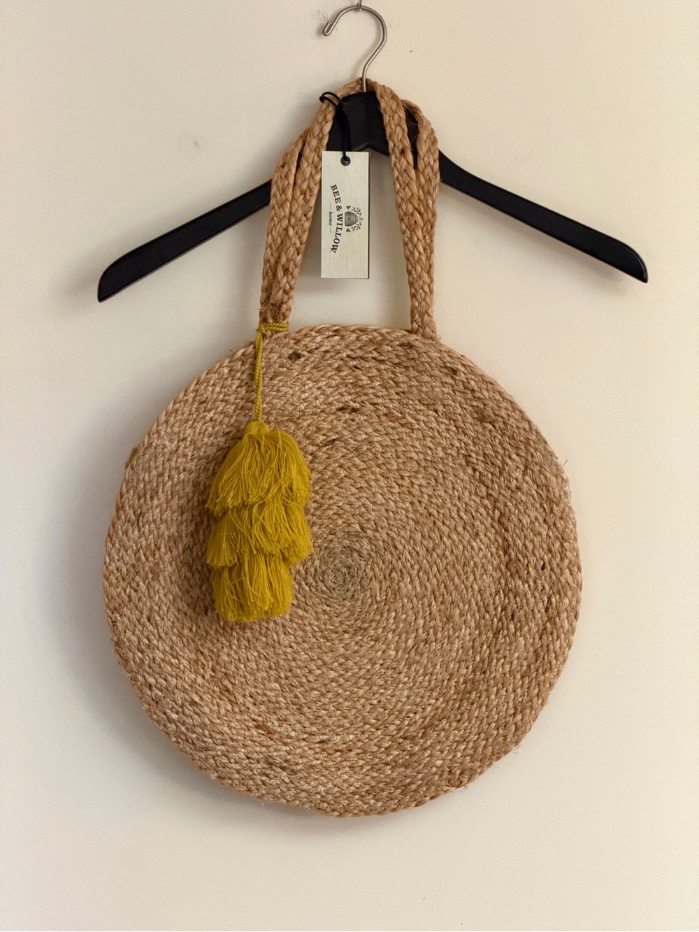 Round Natural Jute Tote with Mustard Tassel